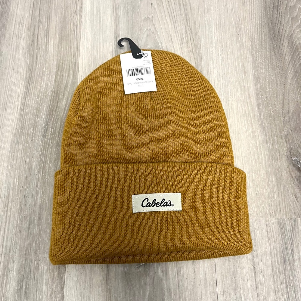 Cabela's Beanie Hat Men's OS Golden Brown Ribbed Knit Logo Patch NWT